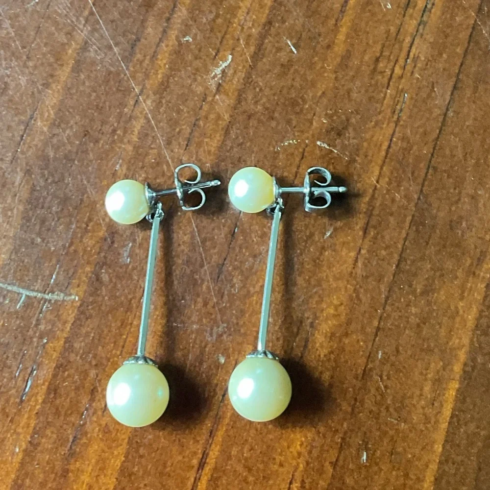 14k White Gold Backs Faux Pearl Dangle Drop Earrings